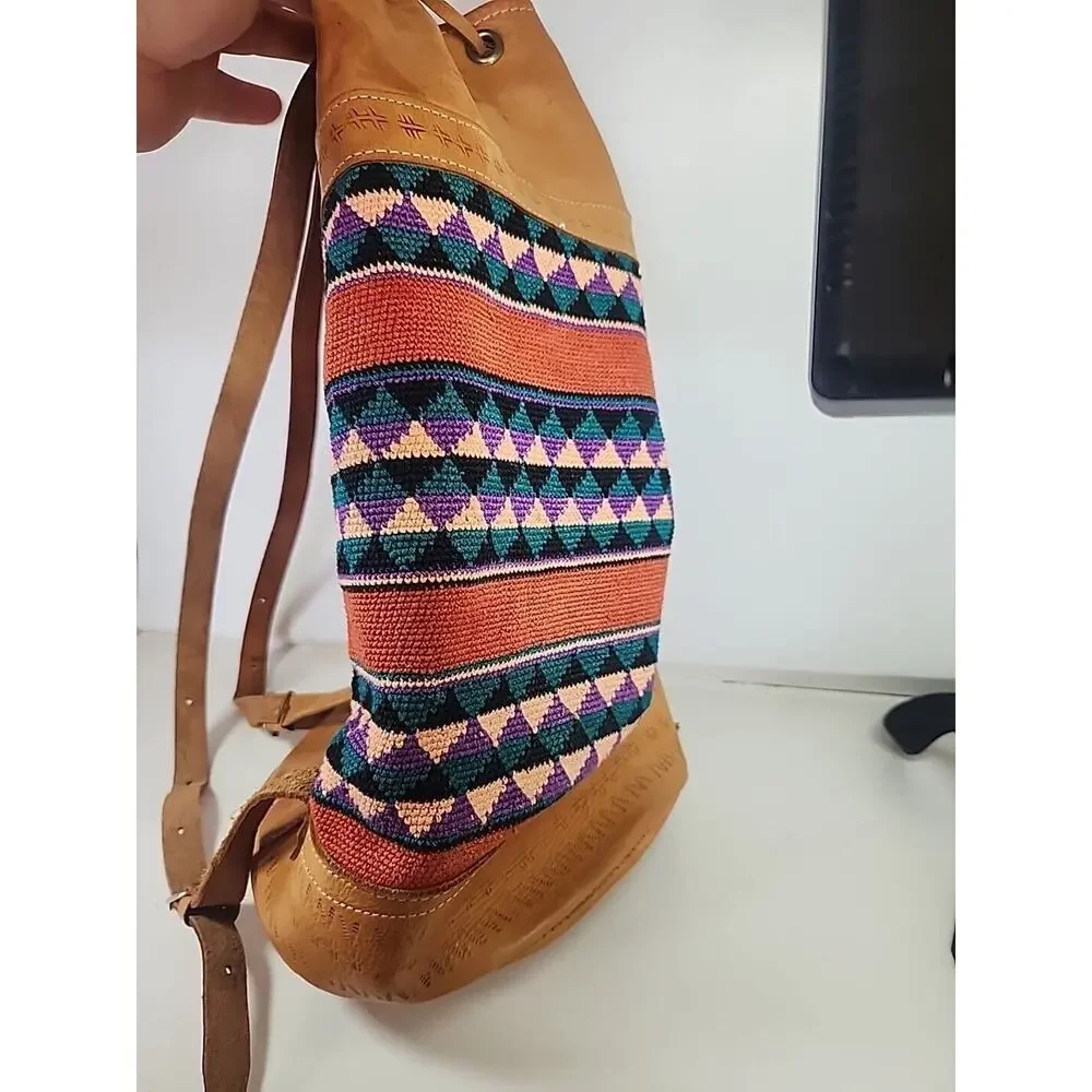 LARGE BACKPACK HAND WOVEN WOOL KILIM TOOLED LEATHER VTG SLING PURSE TOTE BAG